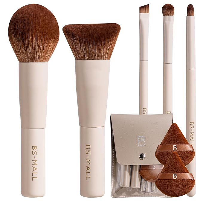 BS-MALL Travel Makeup Brushes Premium Synthetic Foundation Powder Concealers Eye Shadows 7 PCS with Triangle Puff & Storage Bag (Beige)