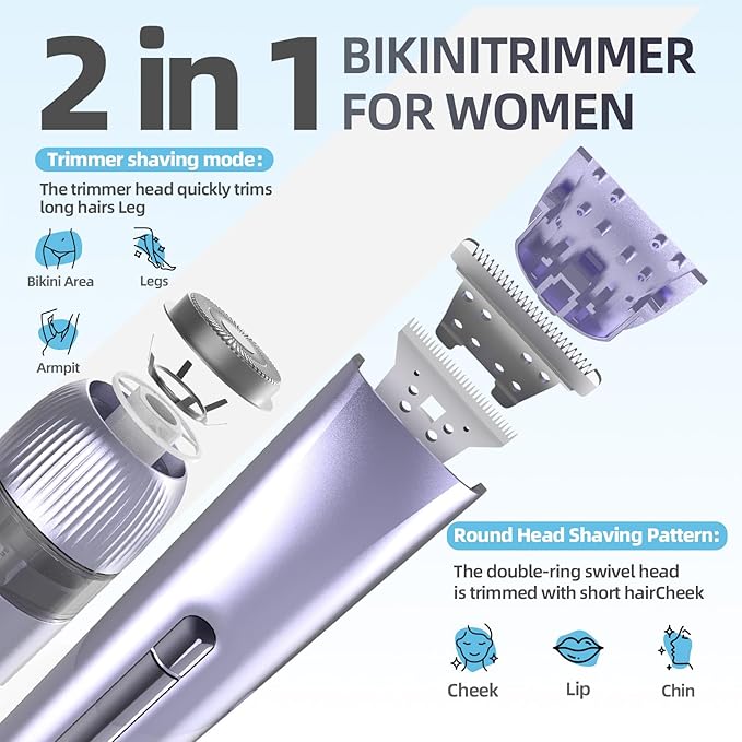 Bikini Trimmer for Women, 2 in 1 Electric Razors for Women, Bikini Shaver with Dual Heads, Body and Facial Hair Removal, IPX7 Waterproof Wet & Dry Use, for Face Chin Pubic Underarm Legs-Purple