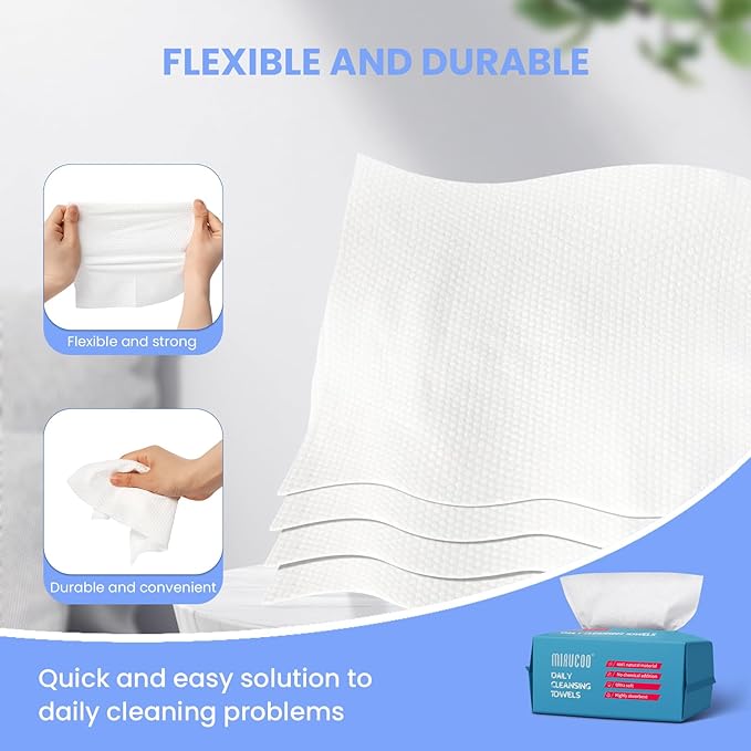 Mirucoo 100 Sheet Daily Cleansing Towels Ultra Soft Dry Wipes for Sensitive Skin Disposable Facial Washcloths 100% Organic Viscose (Pack of 6)