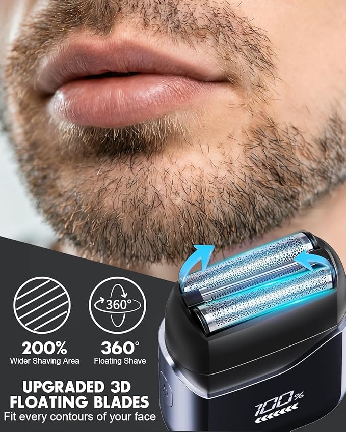 Electric Razor for Men,Foil Shavers for Men,Pocket Shaver for Face,100% Waterproof for Wet & Dry Shave, Rechargeable Cordless Razor with 3D Floating Head,LED Display & Precision Blades,Fast Charge