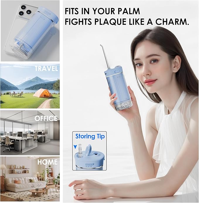 Hooyapik Portable Eco-Friendly Water Flosser 225ML Long-Lasting Endurance Travel Oral Irrigator for Gum Care/Implants/Braces (Blue)