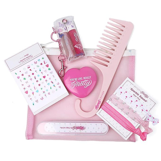 Petite N Pretty All in One Makeup Set for Kids, Tweens and Teens – Pink Mesh Bag with Lip Gloss Keychain, Hair Ties, Nail Decals, Headband, Heart Mirror, Nail File, Comb – Perfect Travel Kit & Gift
