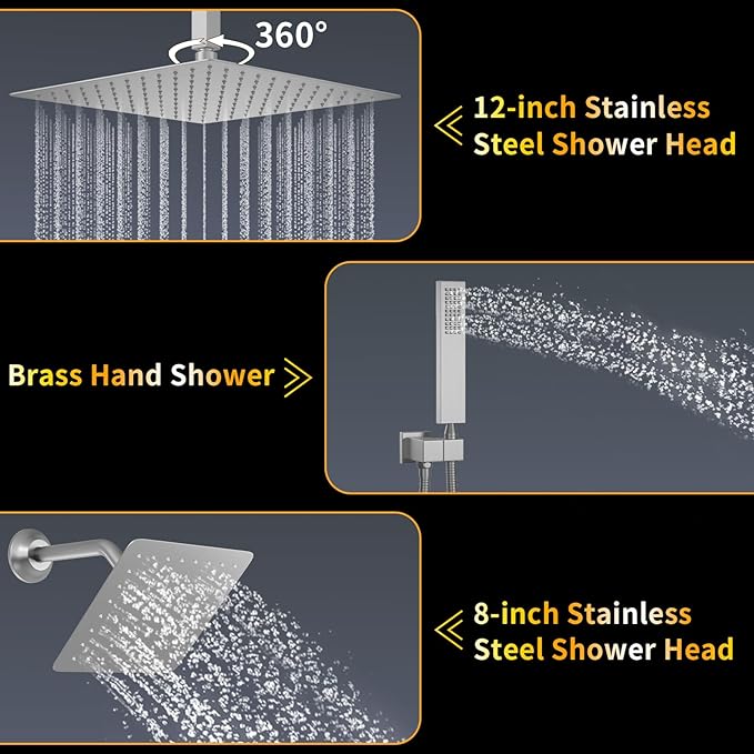 AYIVG Brushed Nickel Thermostatic Rainfall Shower System 12 Inch And 8 Inch Dual Square Shower Head System Ceiling Mount Bathroom Temperature Display Shower Faucet Set With Handled Spray