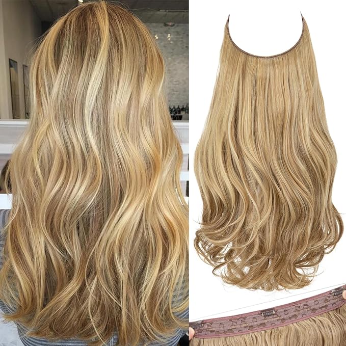 SARLA Invisible Wire Hair Extensions with 3 Clips Long Wavy Curly Synthetic Hairpiece for Women Adjustable Transparent Headband 18 Inch Sahara Beige