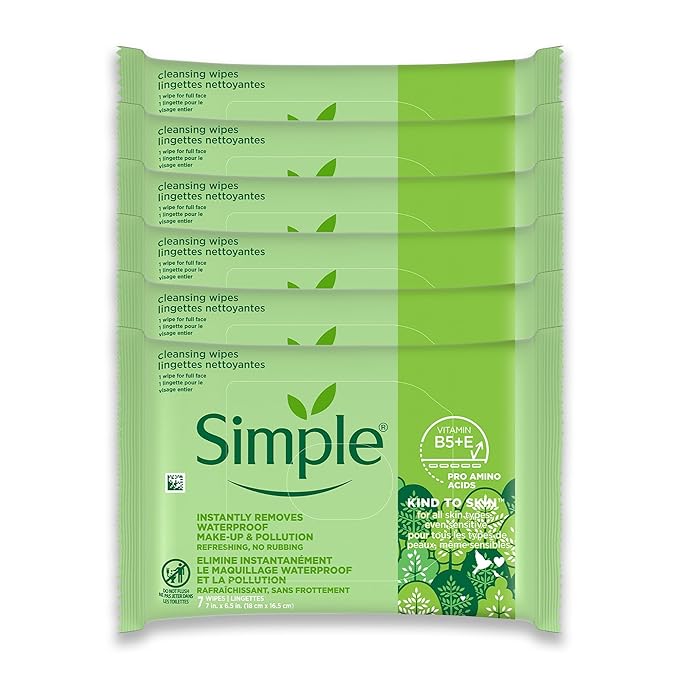 Simple Kind To Skin Cleansing Makeup Remover Wipes - Vegan Facial Cleanser Wipes with Vitamin B5 and E - Removes Waterproof Makeup - 6 pc