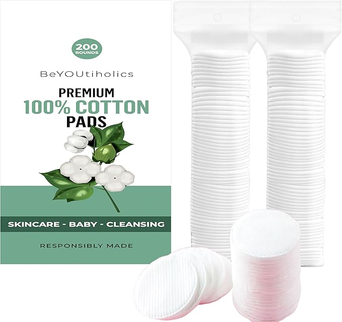 BeYOUtiholics Premium 100% cotton pads, 200 rounds - Skincare, Baby, Cleansing, Gentle & soft, Hypoallergenic, Extra absorbent & Lint free.