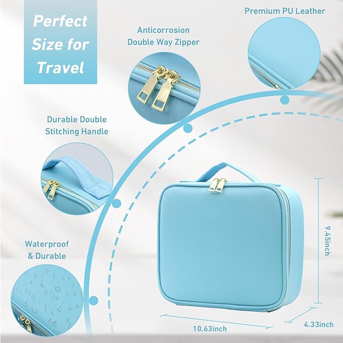 Jadazror Makeup Organizer Bag with Mirror, Lighted Travel Makeup Bag 3 Colors Modes, Cosmetic Bag Make up Organizer with Mirror and Light, Makeup Train Case Portable Cosmetic Storage Case Gifts(Blue)