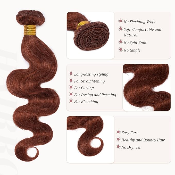 Hairro Sew in Hair Extensions Real Human Hair, 100g/bundle Weave Weft for Women Adding Volume and Length, for DIY Beauty Dating Party, 16 Inch One Bundle Body Wave Dark Auburn