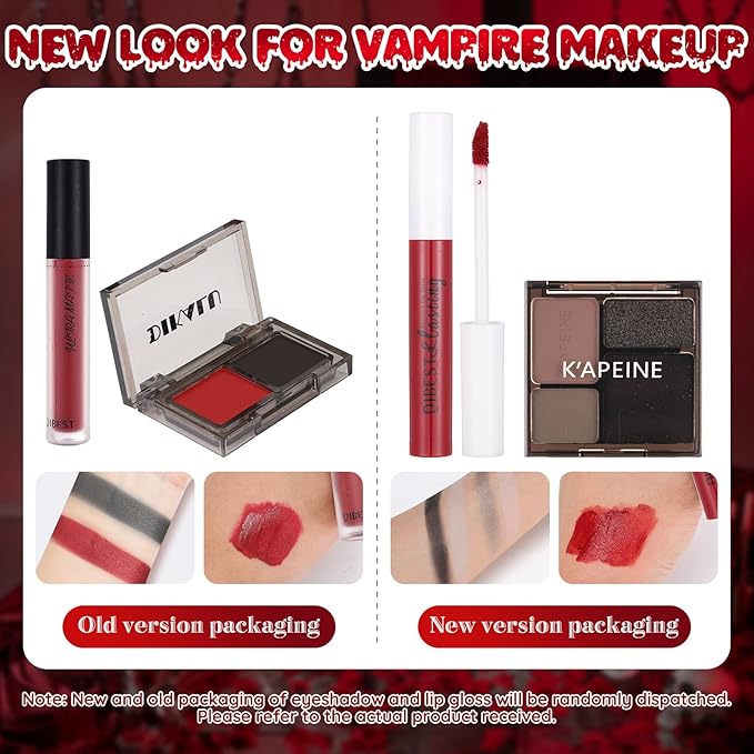 Halloween Vampire SFX Makeup Kit, Complete Makeup Set Include White Liquid Foundation, Vampire Teeth Fangs, Fake Blood, Setting Powder, Eyeshadow & Black Lipstick for Cosplay, Carnival