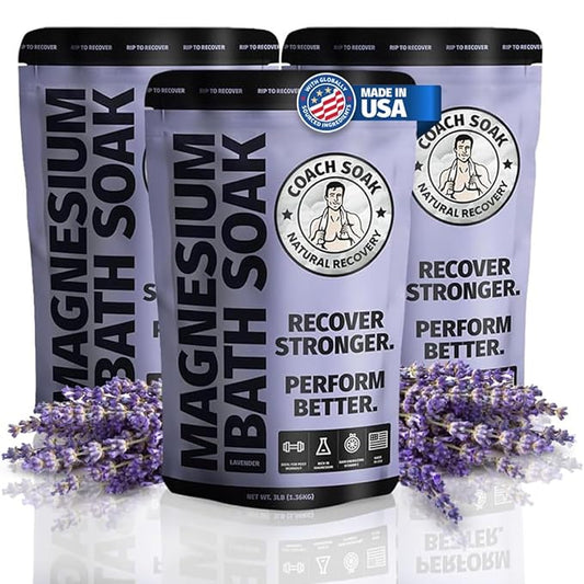 Coach Soak Recovery Bath Soak - Epsom Salts & Magnesium Flakes with Magnesium Chloride, Dead Sea Salt & Coconut Oil for Muscles - 9 lb (3 Pack) - Lavender