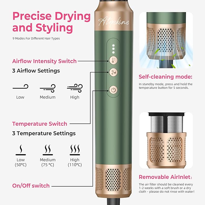 7 in 1 Blow Dryer Brush, Air Wrap Brush Set Hair Dryer Brush 110,000 RPM with Negative Ion Hair Styler Dry, Curling, Volumizing, Straightening and Styling (Green)
