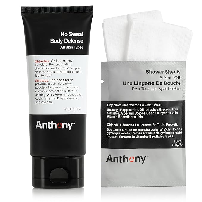 Anthony No Sweat Body Defenseand Shower Sheet Bundle – Anti-Chafing, Anti-Itch Cream-to-Powder – 3 Fl. Oz and 1 Shower Sheet, Protects Skin from Sweating