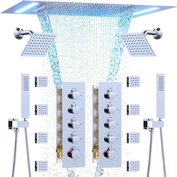 HOMEDEC Dual Shower Faucet Set for Couples, LED 14x20" & 6" Side Shower Heads, 4-Way Diverter Valves, Shower System with Body Jets & Handheld, Chrome