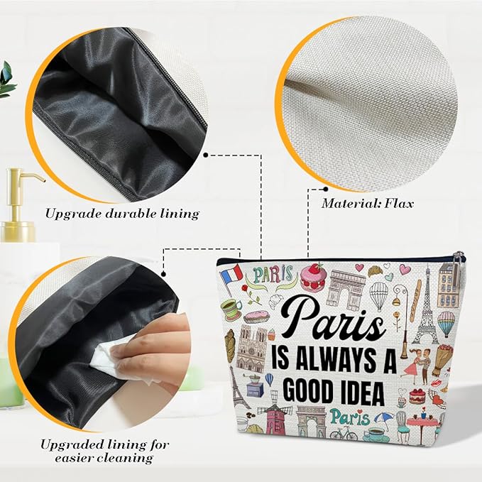 Ythuil Funny Paris Travel Makeup Bag, City Themed Trip Gifts Favors, Travel Lover Gifts For Women Her, Cosmetic Bag For Holiday Trip Vacation, Paris Is Always A Good Idea