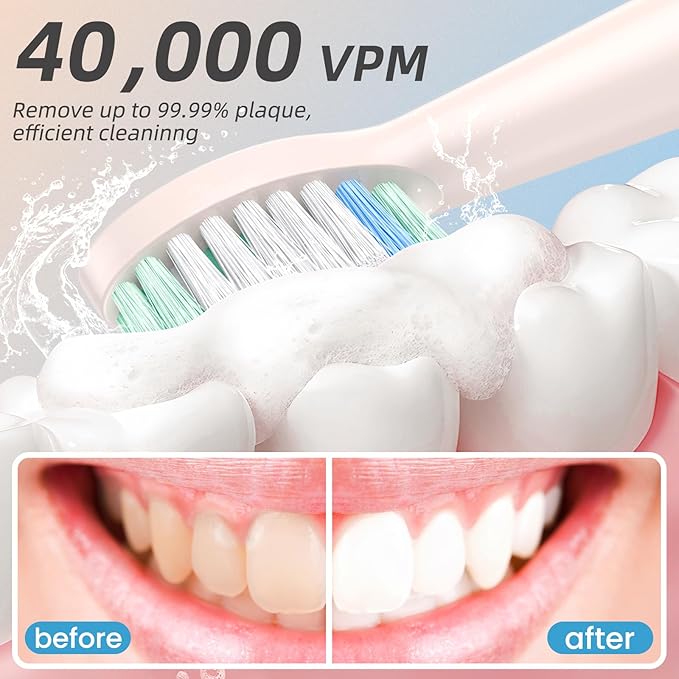 YUNCHI Electric Toothbrush Birthday/Valentine Plastic 8 Heads 24-Mo Deep Cleans Gentle Gums Removes Stains 3Hr USB-C 90d 2-Min Timer/30s IPX7 - Yellow Blue