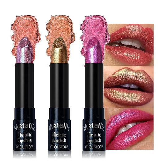 Metallic Glitter Lipstick Set Shimmering Colors Long Lasting Waterproof Plump Matte Moisturizing (Set-B)