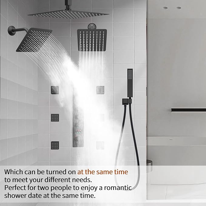 WHSHOWER Rainfall Shower System with 12+8+8" Three Top Shower Heads, Body Jets and Handheld Shower,Matte Black Full Body Shower System with Digital Display Valve