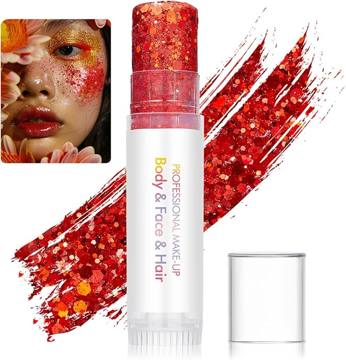 Body Glitter Stick for Face, Body & Hair - Red & Green Chunky Sparkle Glitter, 2 Pack | Long Lasting Party Makeup for Festival, Rave, Concert & Cosplay