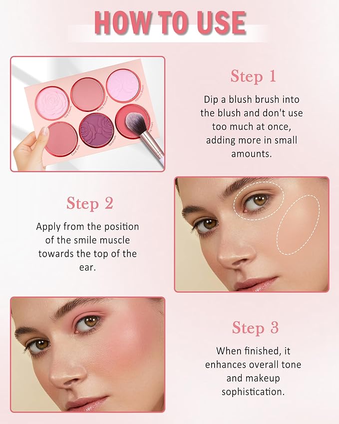 Matte Face Blush Palette with Brush-6 Color High Pigment Mineral Blendable Blusher Contour Powder for Cheeks,Longlasting Facial Beauty Cosmetic,Valentine's Women's Day Makeup Gift for Women-Set 02