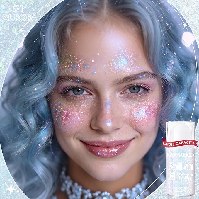 Roll-on Holographic Body Glitter Gel for Women, Sparkle Chunky Glitter Makeup for Christmas New Year Festival Halloween Party Rave, Face Glitter Makeup for Face Body Hair Lips (Aurora)