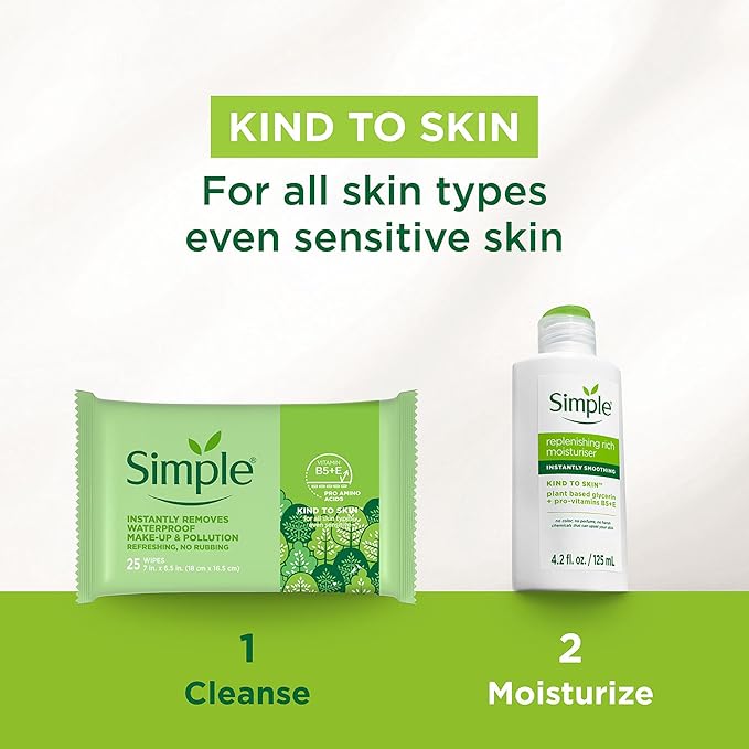 Simple Kind to Skin Facial Wipes Gentle and Effective Makeup Remover Cleansing Free from color and dye artificial perfume and harsh chemicals 25 Wipes