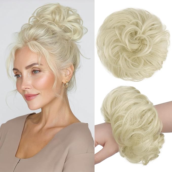 FESHFEN Messy Bun Hair Piece - Large Elastic Wavy Curly Hair Bun Scrunchies Ponytail Extensions Synthetic Chignon Hairpieces for Women, Platinum Blonde 1.94oz