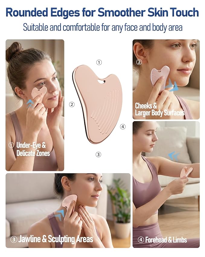 Gua Sha Facial Tools, 3-in-1 Gua Sha & Roller & Comb Set, Upgraded No-Slip Textured Guasha, Metal Lymphatic Drainage Massager for Skin Tightening & Face Sculpting, Skincare Gift for Women (Rose Gold)