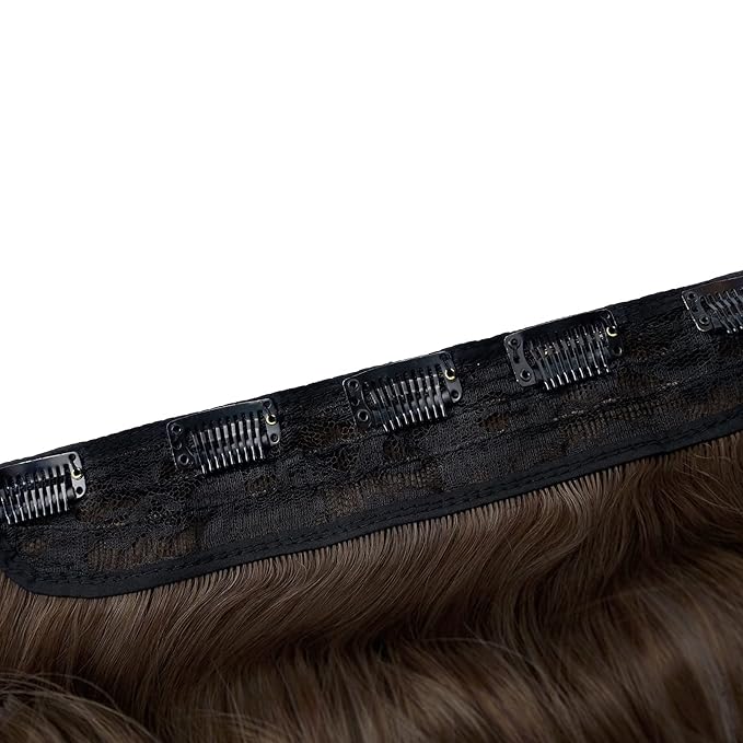 REECHO 20" 1-Pack 3/4 Full Head Curly Wave Clips in on Synthetic Hair Extensions HE008 Hairpieces for Women 5 Clips per Piece-Dark Brown with Copper Highlights