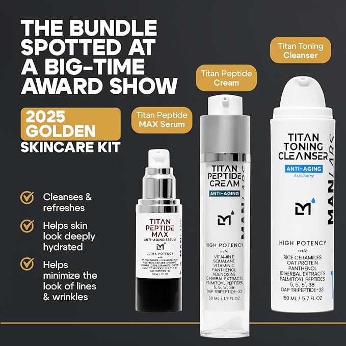 Man Labs Titan Peptide 3-Piece Anti-Aging Mens Skin Care Kit – Wash, Face Serum, Mens Face Moisturizer – Men, Skin Care Set – Dark Spots, Wrinkles, Fine Lines – Vitamin C, Niacinamide, HA – Unscented