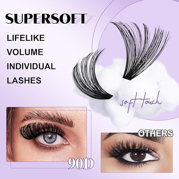 Lash Clusters 90D Individual Lashes Eyelash Clusters Supersoft D Curl Cluster Eyelash Extensions 10-18 Mixed Eyelash Extension Wispy Volume Cluster Lashes DIY at Home (90D-D-10-18MIX)