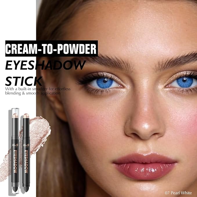 Dual-Ended Pearl White Shimmer Eyeshadow Stick - Long-Lasting Cream Eye Brightener Stick Crease-Proof Glitter Eyeshadow Pencil, Easily Blendable Multi-Use Eye Crayon Highlighter Makeup, 07