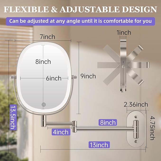 FUNTOUCH 30X/1X Wall Mounted Lighted Makeup Mirror,5000mAh Rechargeable Double Sided Magnifying Bathroom Lighted Mirror, 3 Color Modes Touch Dimmable Extended Arm 360 Rotation, Brush Nickel