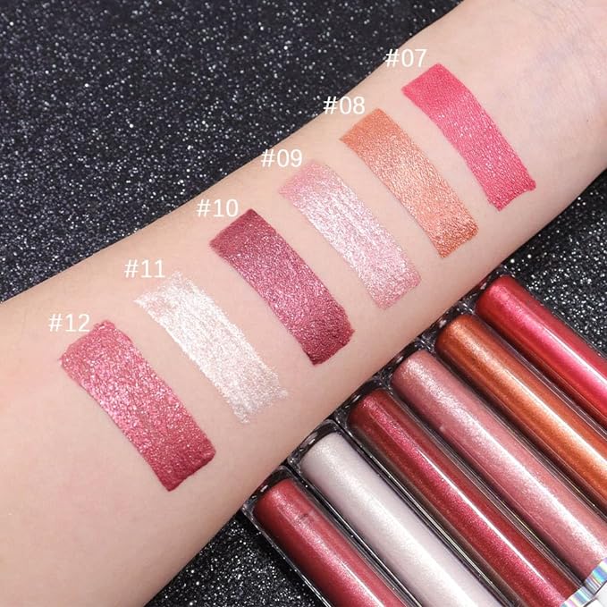 evpct 6Pcs Rose Bronze Gold Nude Pink White Dark Maroon Red Metallic Shimmer Glitter Lip Gloss Liquid Lipstick Set for Women Long Lasting Waterproof 24, Pearlescent Sparkly Glossy Lipsticks Lip Makeup