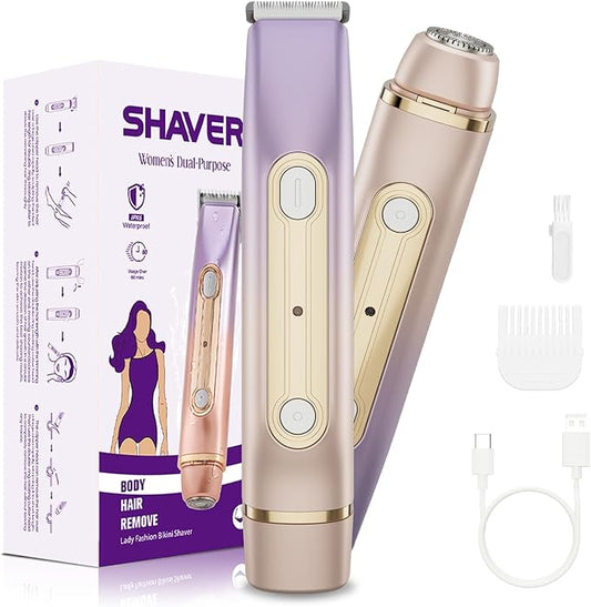 Bikini Trimmer for Women, 2-in-1 Dual Head Electric Razor, IPX6 Waterproof Wet/Dry Use Women Electric Shaver, Painless Body Hair Trimmer, Facial & Pubic Hair Remover for Underarm, Leg, Arm, Purple