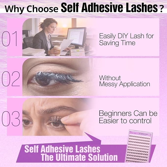 Yawamica Self Adhesive Eyelashes Natural Lash Clusters 9-12mm Pre-Glued Wispy Eyelash Clusters No Glue Press On Eyelash Extensions CC Curl Clear Band DIY Individual Lashes for Beginners