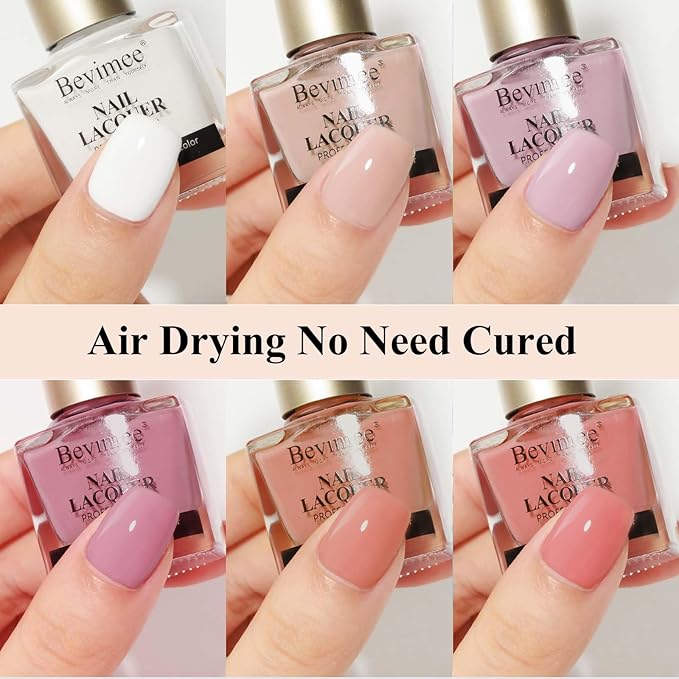 Nude Nail Polish Set: 6 Colors Vegan Regular Nail Polish Quick Dry, White Nude Sheer Pink Natural Nail Lacquer Non Gel Air Fast Drying Finger Nail Bulk DIY Salon Gift for Women