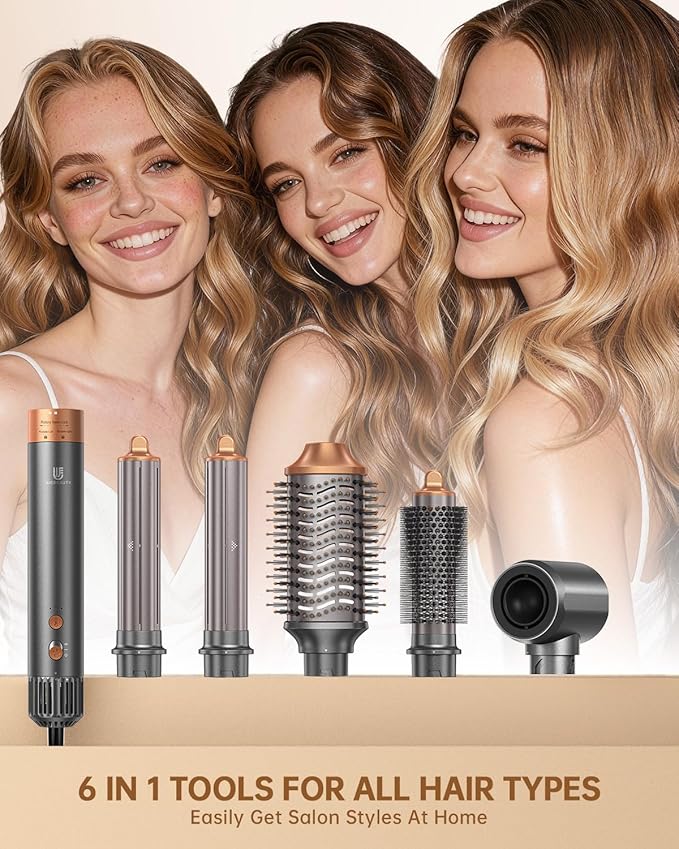 Hot Air Brush Hair Styler, 6 in 1 Hair Dryer Brush Auto Wrap Curlers Frizz-Free Styling Tool for All Hair Types Fast Drying, Curling, Smoothing, Volumizing & Straightening with Negative Ion