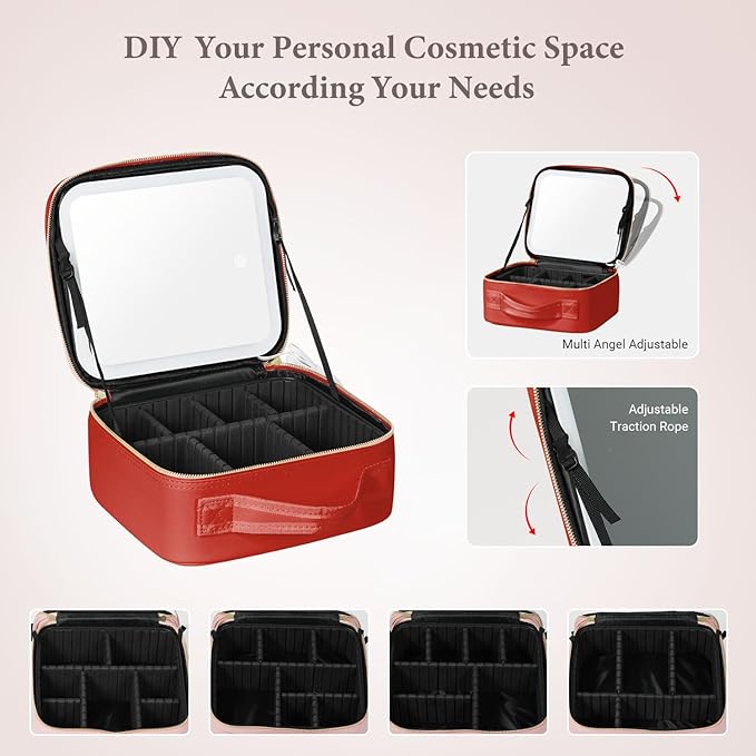 Behaesty Travel Makeup Bag with LED Lighted Mirror, Cosmetic Makeup Organizer Bag with 3 Color Setting, Makeup Train Case with Adjustable Dividers for Women Makeup Brushes Jewelry Accessories