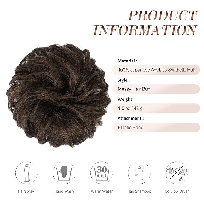 FESHFEN Messy Bun Hair Piece - Wavy Synthetic Chignon Scrunchies for Instant Volume, Elastic Bun Ponytail Hair Extensions Thick Hairpieces for Women, Dark Brown & Light Auburn Mixed 1.50 oz