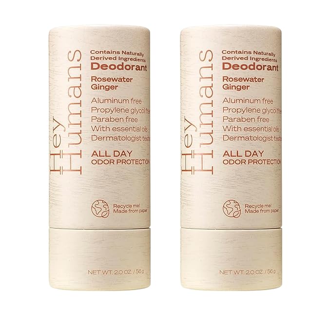 Hey Humans Deodorant, Aluminum Free Deodorant for Women and Men, Contains Naturally Derived Ingredients, All Day Odor Control, Refreshing Essential Oils, Pack of 2, Rosewater Ginger