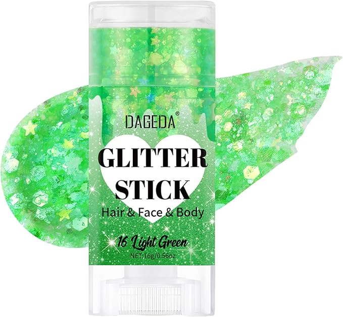 DAGEDA Light Green Body Glitter Stick,St Patricks Day Accessories,Sparkly Face Glitter Makeup,Holographic Hair Glitters Rave Outfits for Women, Shimmer Face Paint Stick for Mardi Gras Singer Concert