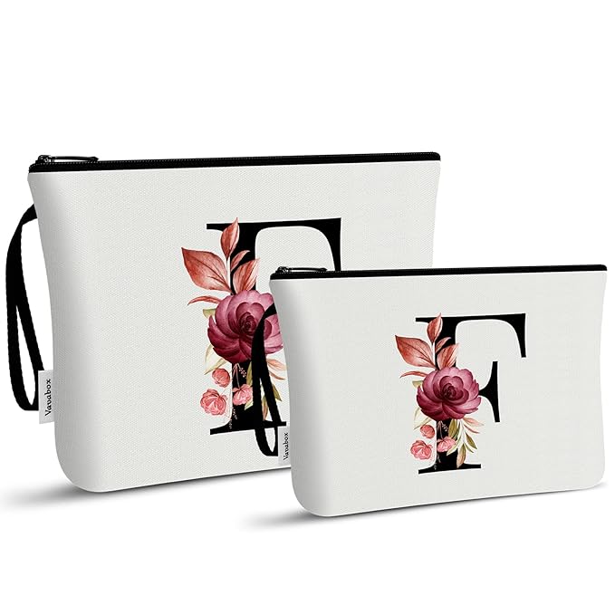 Vavabox A-Z Personalized Makeup Bag, Birthday Gifts for Women Mom, Gifts for Best Friend, Bride Bridesmaid Cosmetic bag (F, 03-White Set)