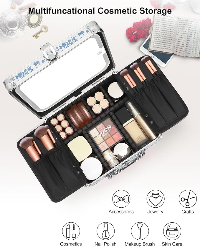 Relavel Makeup Bag with LED Mirror, Makeup Box Travel Train Case with Rechargeable Lighted Mirror, Cosmetic Brush Organizer Storage for Makeup Artists Gifts for Women and Girls, Floral Print