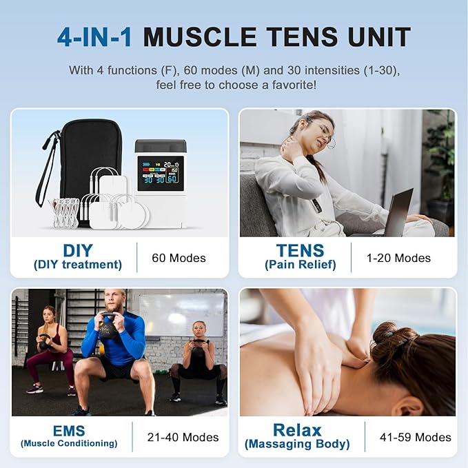 TENS Unit EMS Muscle Stimulator for Pain Relief, 4-in-1 TENS & EMS & Relax & DIY, 4-Channel 60 Modes 30 Intensity with Upgraded Color Screen for Back, Neck, Shoulder, Sciatica