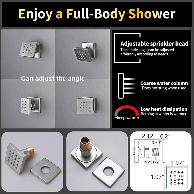 AYIVG Brushed Nickel Thermostatic Rainfall Full Body Shower System With 2 In 1 Waterfall Rainfall Ceiling Mount 16 X 24 Inch Rain Shower Head 6 Jets Temperature Display Shower Faucet Set