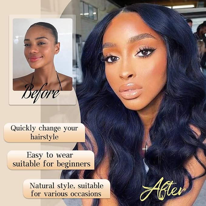 AISI HAIR Dark blue Wigs for Women, Long Wavy Lace Hairline Middle Part Synthetic Heat Resistant Wig for Daily Party-26 Inch