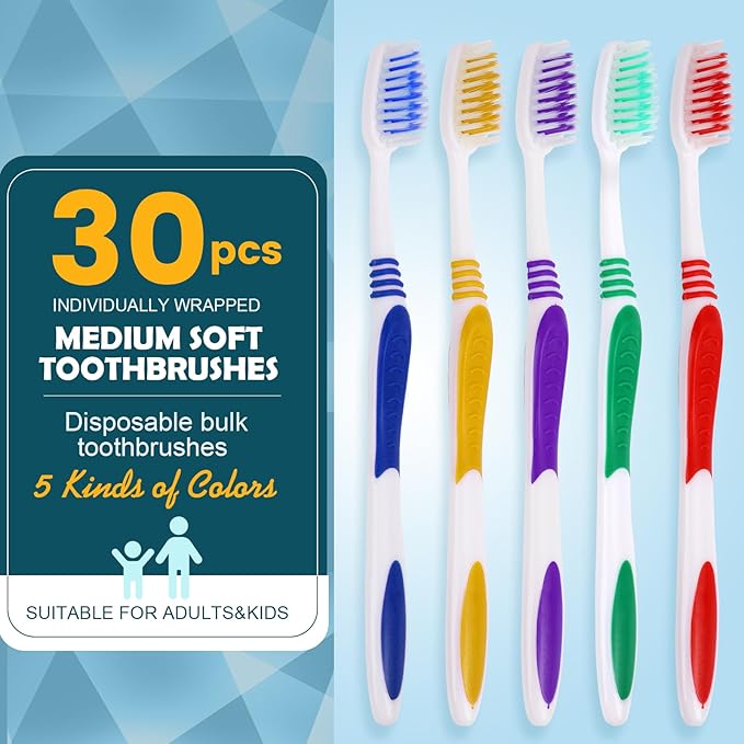Navona 30 PCS Premium Individually Wrapped Bulk Toothbrush Pack, Disposable Toothbrushes, Kids Toothbrush, Medium Soft Bristle Toothbrushes, Ergonomics Handle, Perfect for Travel Hotel Donation