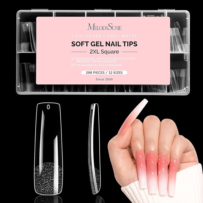 MelodySusie Long Square X Nail Tips - 288Pcs 12 Sizes Clear Acrylic, Half Matte Full Cover Press on Nails for DIY Extension & Salon Use, Pre-Shaped for Long-Lasting Manicure