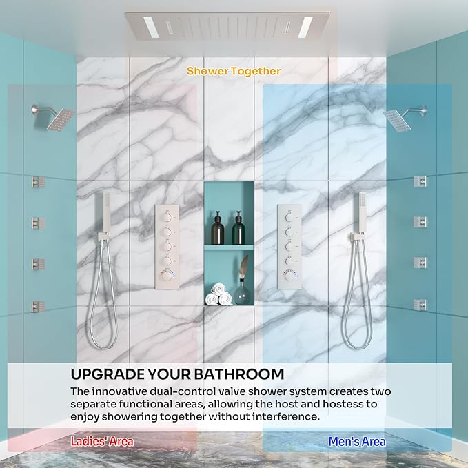 HOMEDEC Couples Luxury Shower System, LED 14x20" and 6" Side Shower Heads, 4-Way Diverter Valves Multi-Function Shower Faucet Set, Brushed Nickel