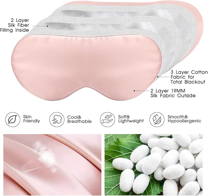 SILKTALE Mulberry Silk Blackout Adjustable Sleep Eye Mask for Men/Women Travel Plane,Blush Pink